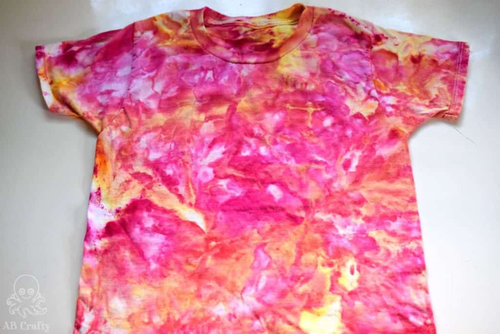 finished pink, orange, and yellow ice tie dye shirt