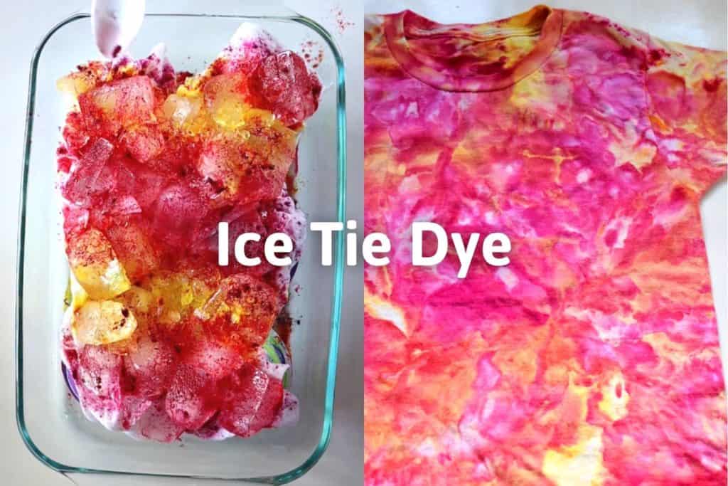 pink, orange, and yellow dye getting sprinkled onto ice with the finished ice dye shirt with the title "ice tie dye"
