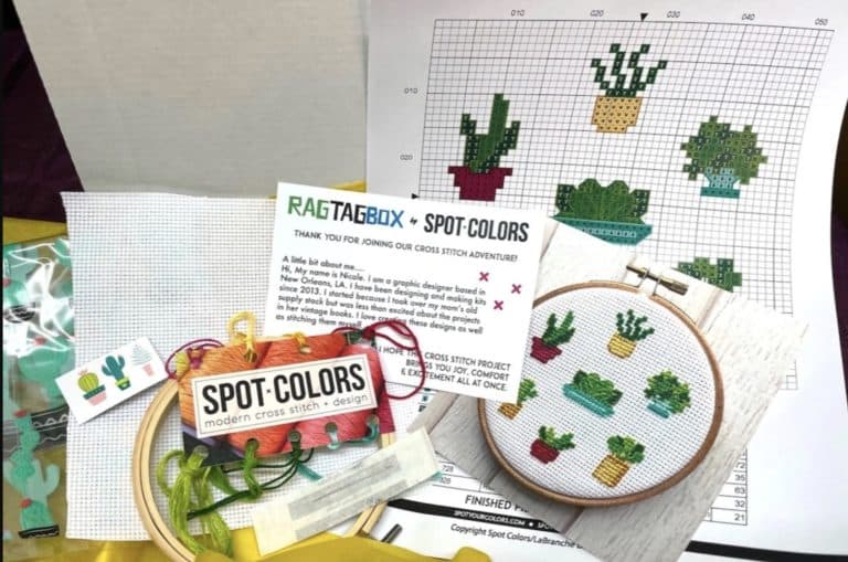 Rag tag box subscription box with the materials and project instructions to make a cross stitch cactus