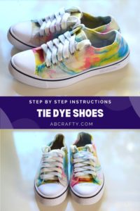 two photos of the finished tie dye sneakers from the side and front with the title "step by step instructions, tie dye shoes, abcrafty.com"