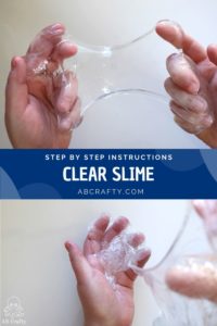 two photos showing stretching and drizzling clear slime with the title "step by step instructions, clear slime"