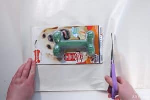cutting paper with a nylabone durachew dog toy on top