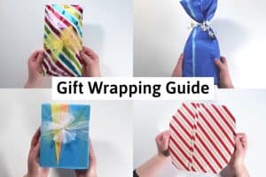 four gift wrapped presents in different styles, some with ribbons and some without and the title reads "gift wrapping guide"