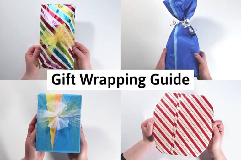 four gift wrapped presents in different styles, some with ribbons and some without and the title reads "gift wrapping guide"