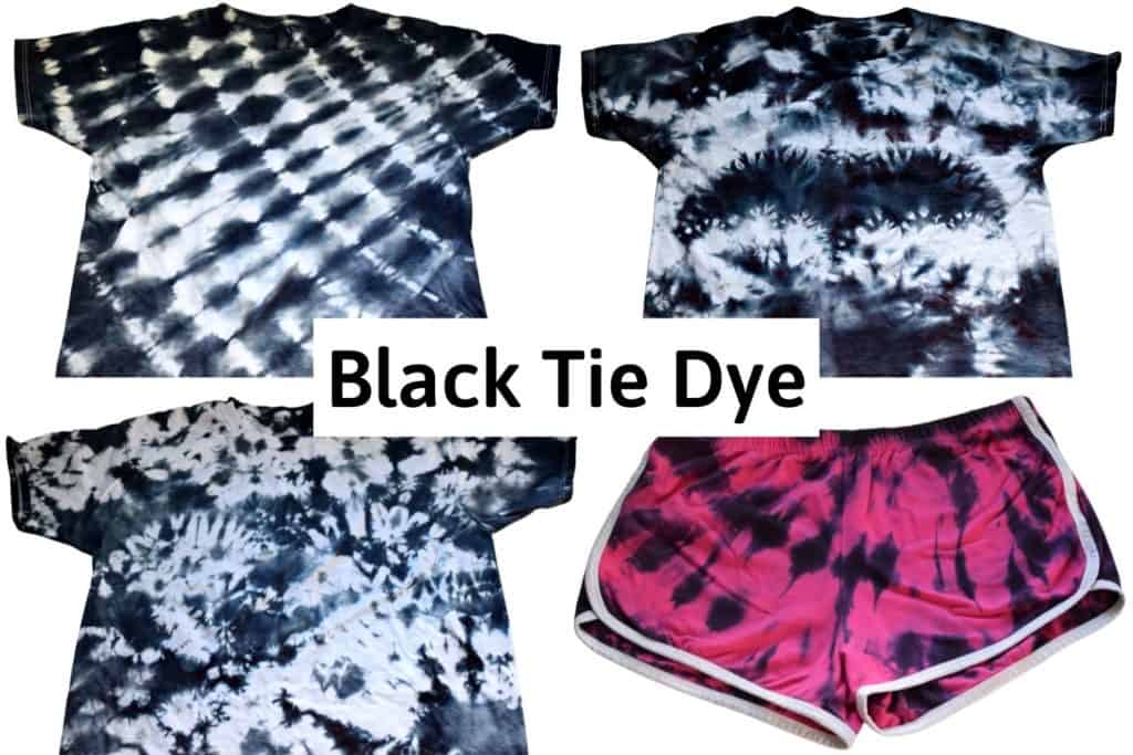 3 black tie dye shirts and 1 pink short with black tie dye, all in different tie dye designs including diagonal striped tie dye, bat tie dye, crumple tie dye, and spiral tie dye with the title "black tie dye"
