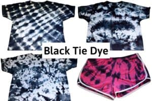 3 black tie dye shirts and 1 pink short with black tie dye, all in different tie dye designs including diagonal striped tie dye, bat tie dye, crumple tie dye, and spiral tie dye with the title "black tie dye"