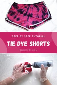 top image is bright pink american apparel shorts with white trim dyed in a spiral design with black dye and the bottom image is adding dye to the shorts wrapped in rubber bands, the title says "step by step tutorial -tie dye shorts, abcrafty.com"