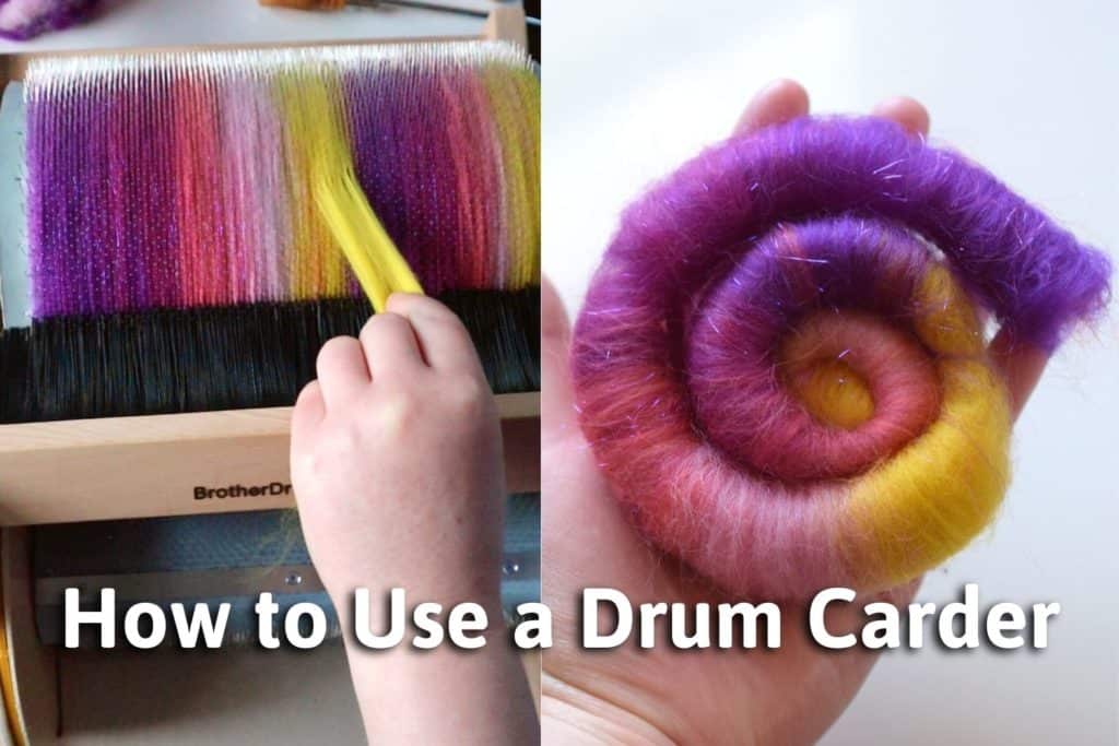 adding yellow wool to the barrel of a carder and holding a finished pink, purple, and yellow rolag with the title "how to use a drum carder"
