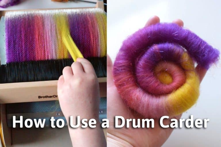 adding yellow wool to the barrel of a carder and holding a finished pink, purple, and yellow rolag with the title "how to use a drum carder"