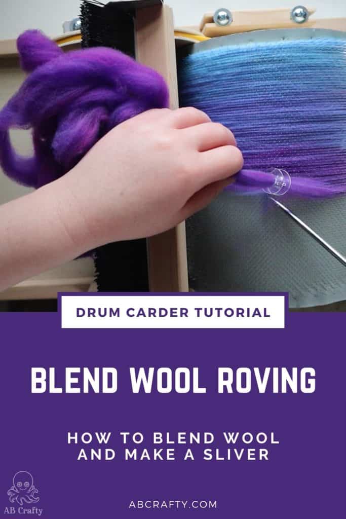 using an awl to pick up fibers on the barrel of a carder with the title "drum carder tutorial - blend wool roving, how to blend wool and make a sliver, abcrafty.com"