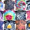 12 different tie dye patterns on different shirts
