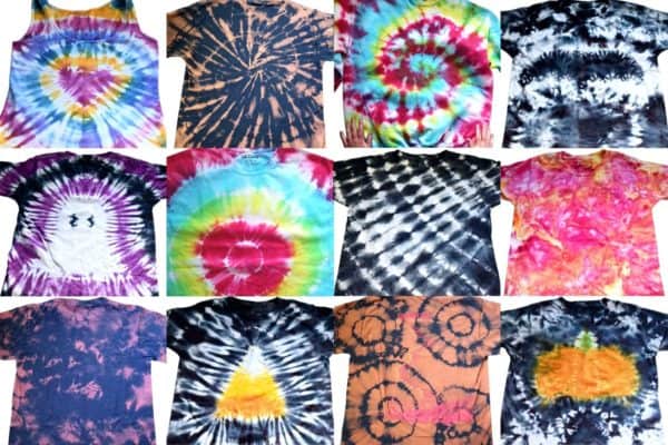 12 different tie dye patterns on different shirts