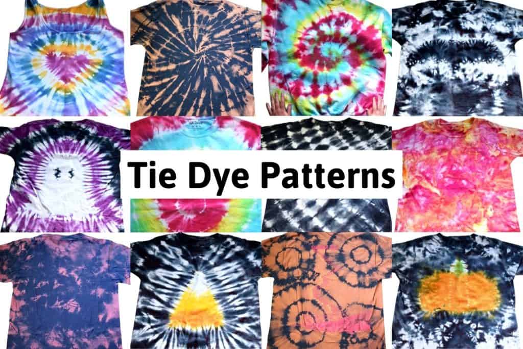 12 different tie dye designs on different shirts with the title "tie dye patterns"