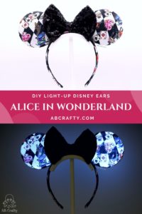 top photo is the finished alice and wonderland disney ears with black sequin bow and the bottom image is the ears lit up in the dark. the title reads "diy light up disney ears, alice in wonderland - abcrafty.com"