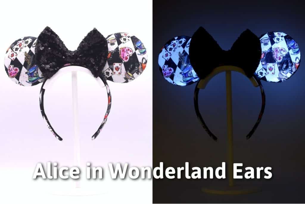 left photo is the finished alice and wonderland disney ears with black sequin bow and the right image is the ears lit up in the dark. the title reads "Alice in Wonderland Ears"