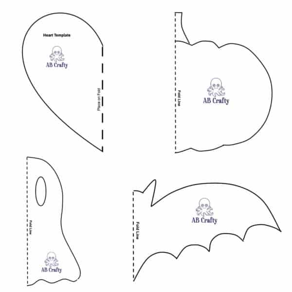 4 tie dye templates in the shape of a heart, pumpkin, bat, and ghost