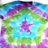 finished shirt with a star tie dye design in purple, blue, and green