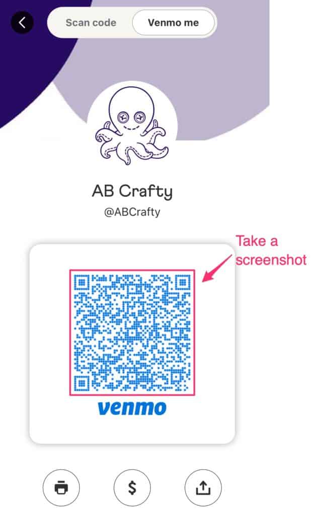 screenshot of AB Crafty venmo QR code with an outline for how to print the venmo qr code
