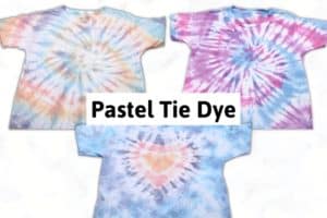 three pastel tie dye shirts - a rainbow spiral design, a blue, purple, and pink spiral design, and a heart tie dye design with the title "pastel tie dye"