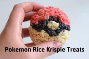 holding the edible pokeball rice krispie treat with the title "pokemon rice krispie treats"