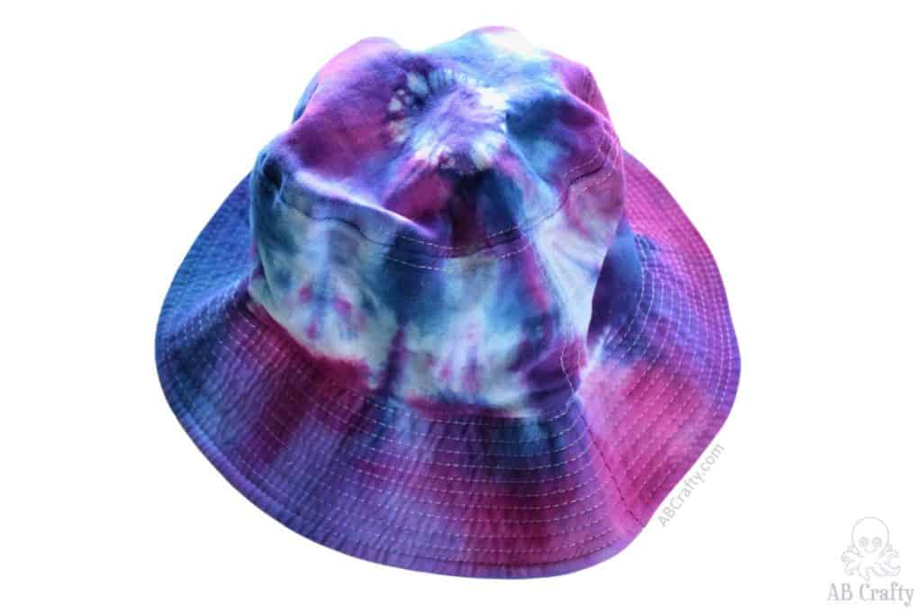 top of the finished purple blue and pink tie dye bucket hat