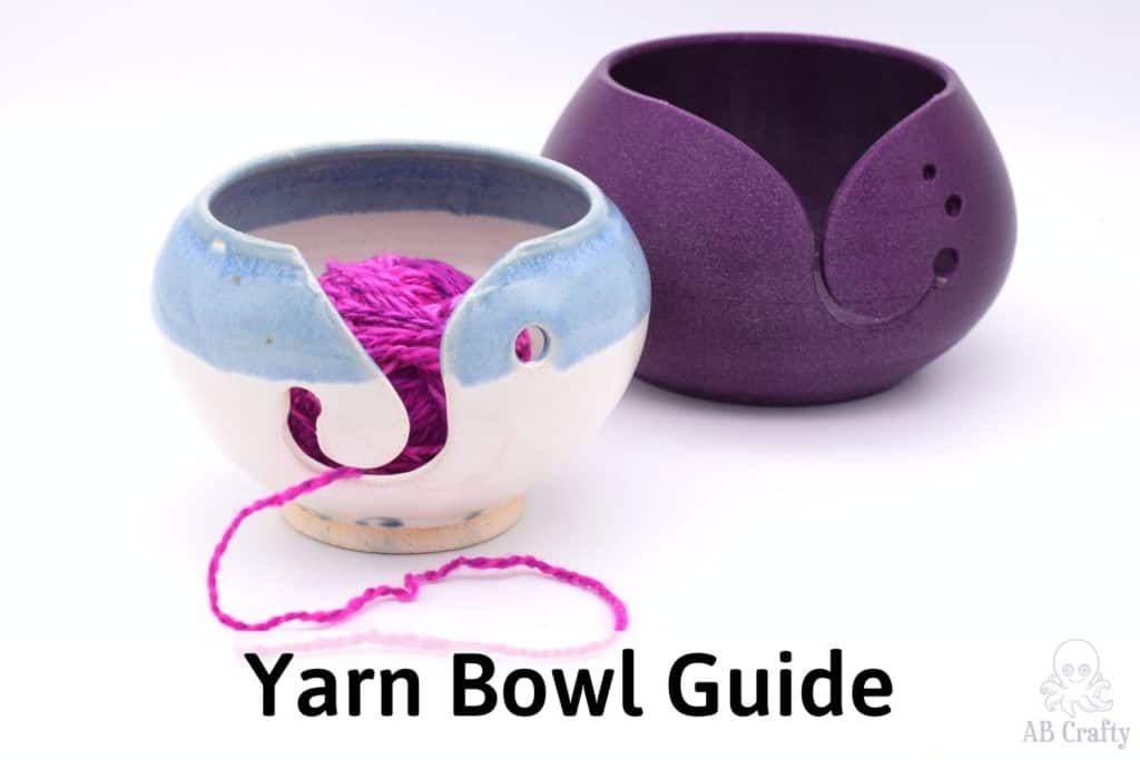 two yarn bowls next to each other, one made of ceramic and the other 3d printed with the title "yarn bowl guide"
