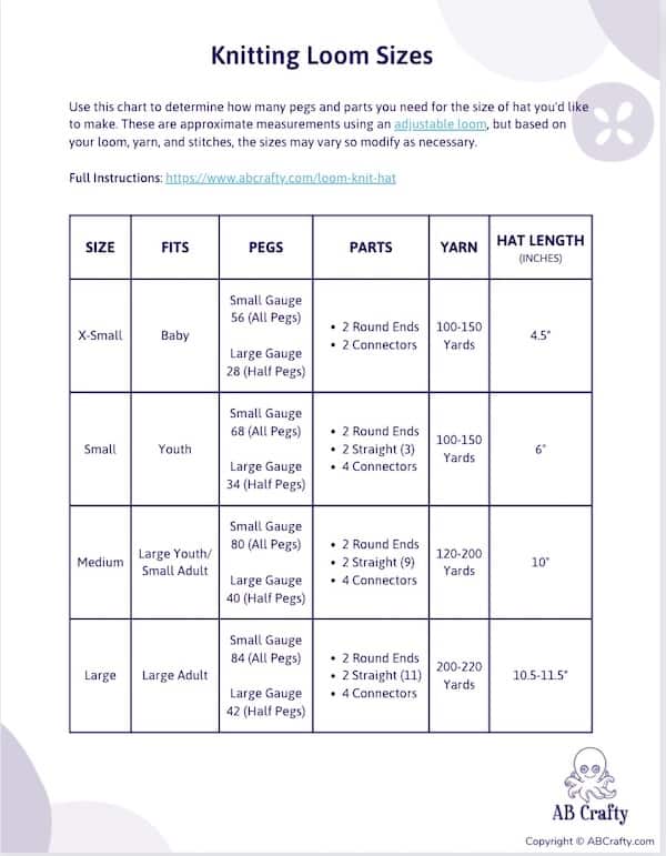 knitting hat size chart cast on