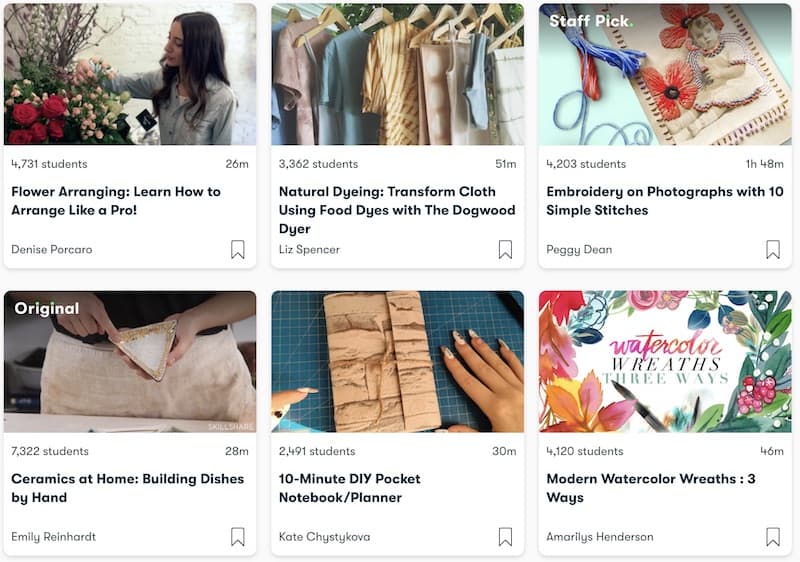 screenshot of skillshare's website showing different crafting classes