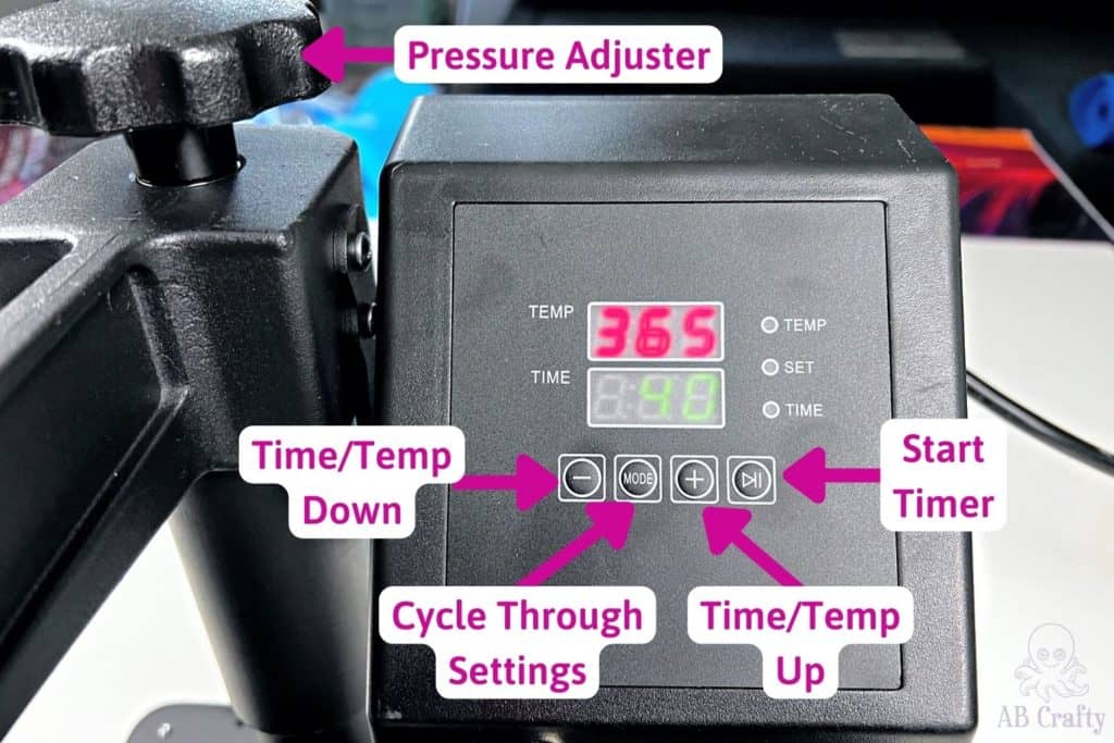 closeup of the vevor heat press settings with labels