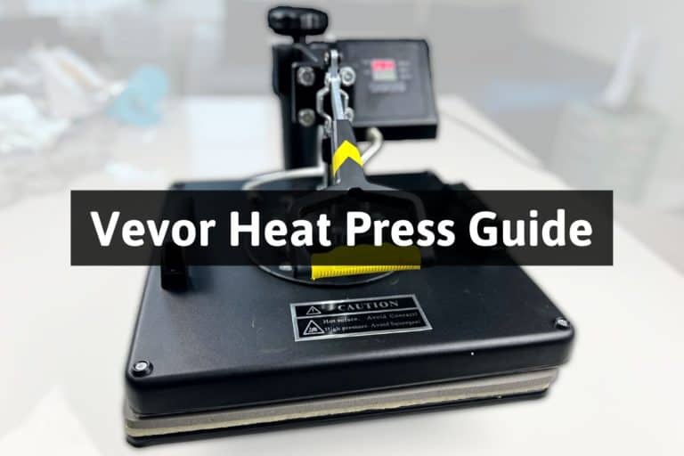 heat press machine with a yellow handle on a table with a blurry background. title reads "vevor heat press guide"