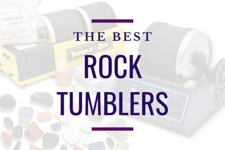 two rock polishers with polished rocks in the background with the title "the best rock tumblers"