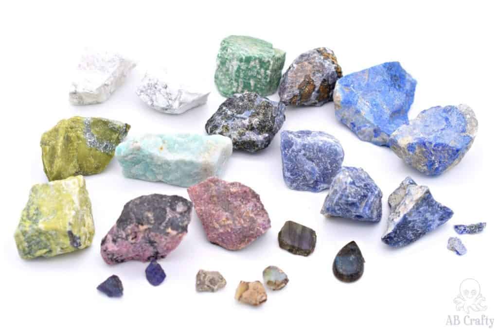 various rocks in blues, greens, pinks, and whites