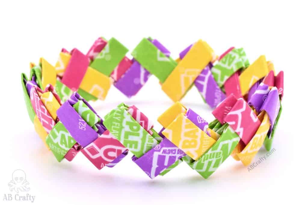 finished candy wrapper bracelet made with now and later wrappers