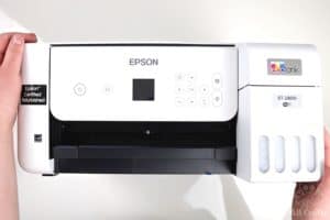 showing the front of a refurbished epson ecotank 2800 printer without any ink in it