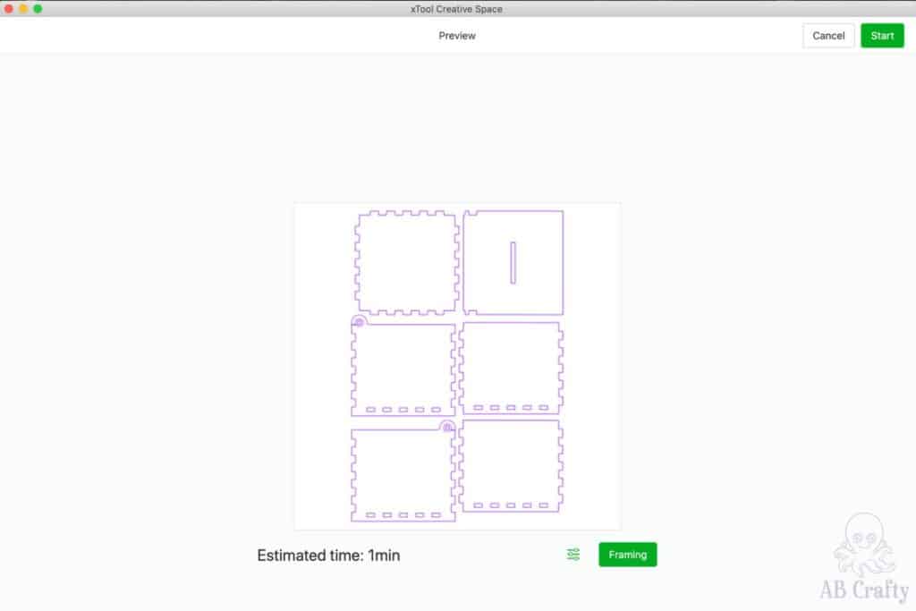 xtool creative space UI showing the framing screen