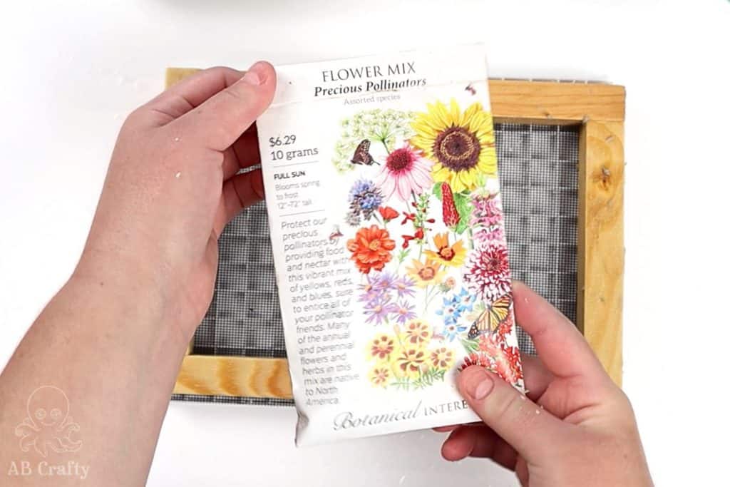 holding a pack of botanical interest seeds - the flower mix precious pollinators