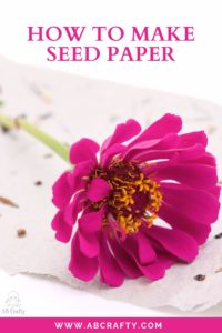 giant purple zinnia on top of paper with seeds on it and the title reads "how to make seed paper, abcrafty.com