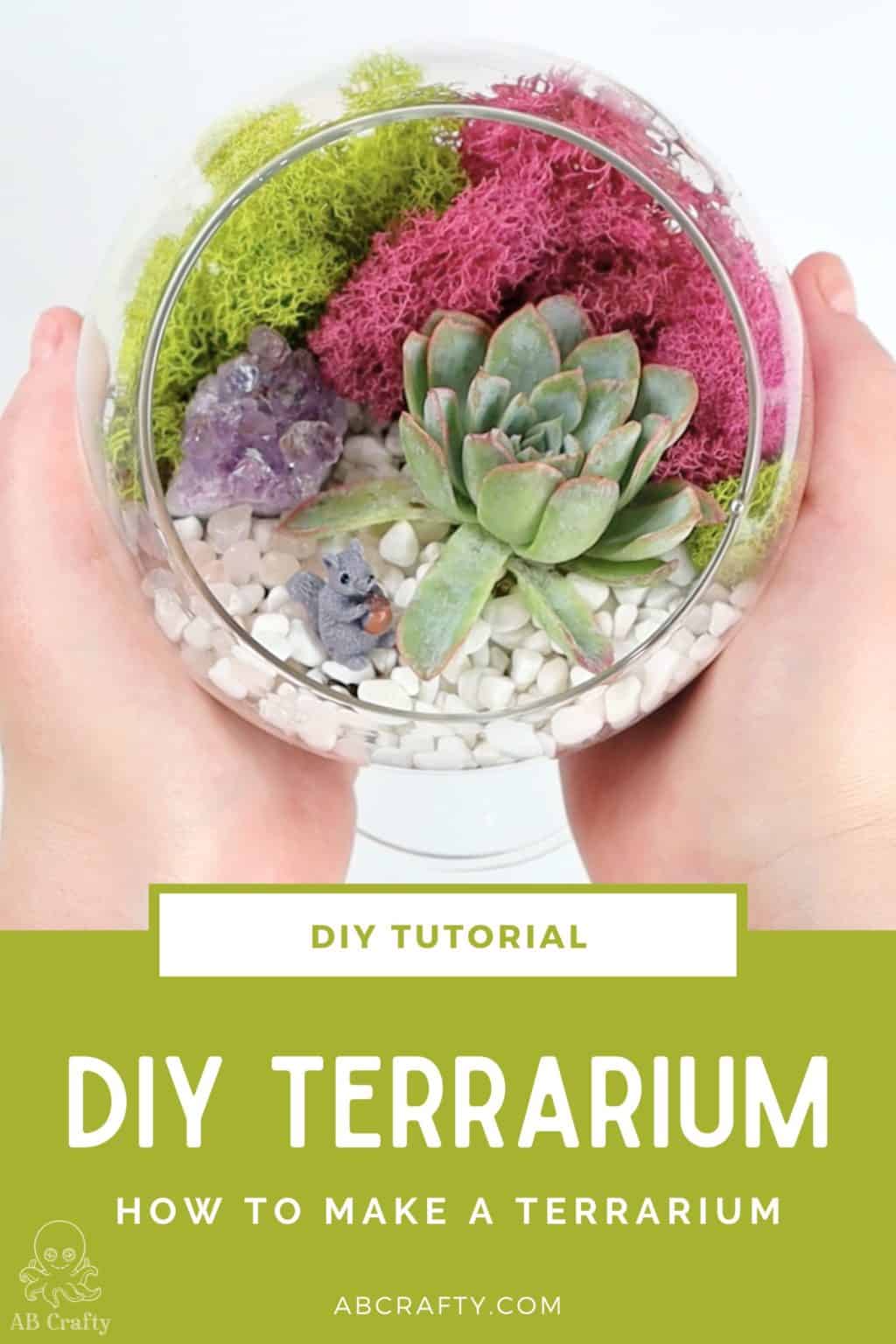 holding the finished succulent terrarium with the title "diy terrarium, how to make a terrarium, abcrafty.com"