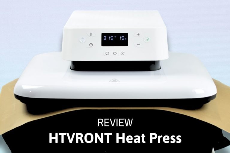 htvront automatic heat press with a black shirt and the title "review: htvront heat press"