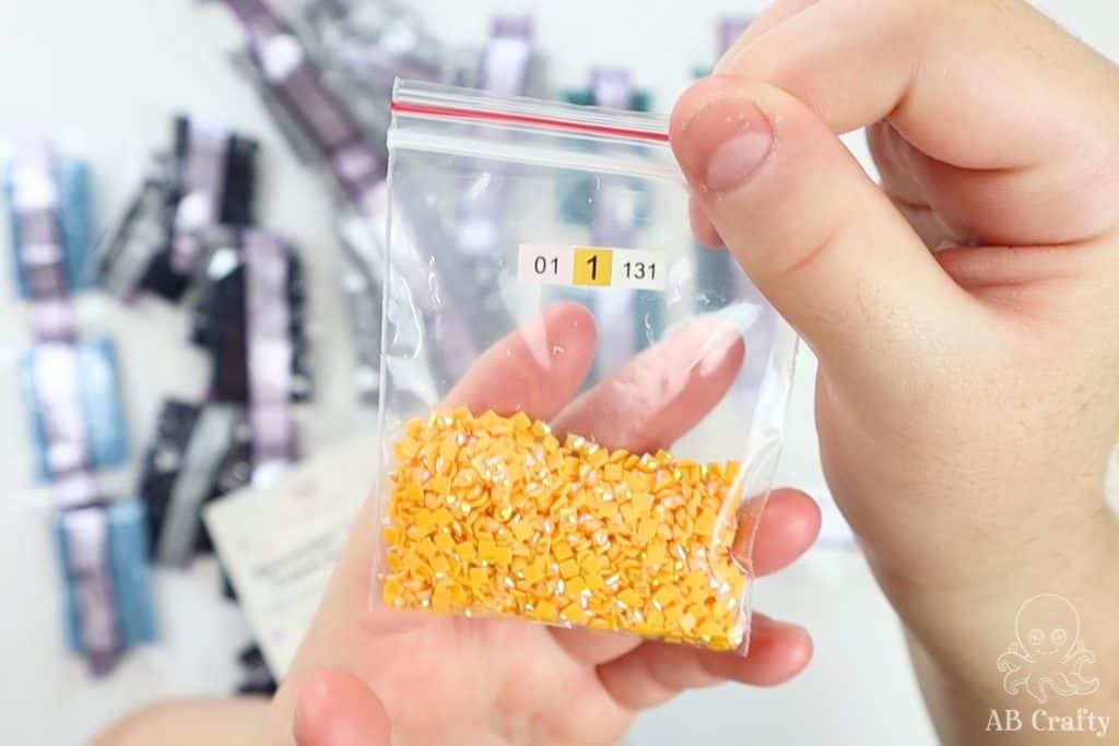 yellow diamonds in a bag with the sticker label