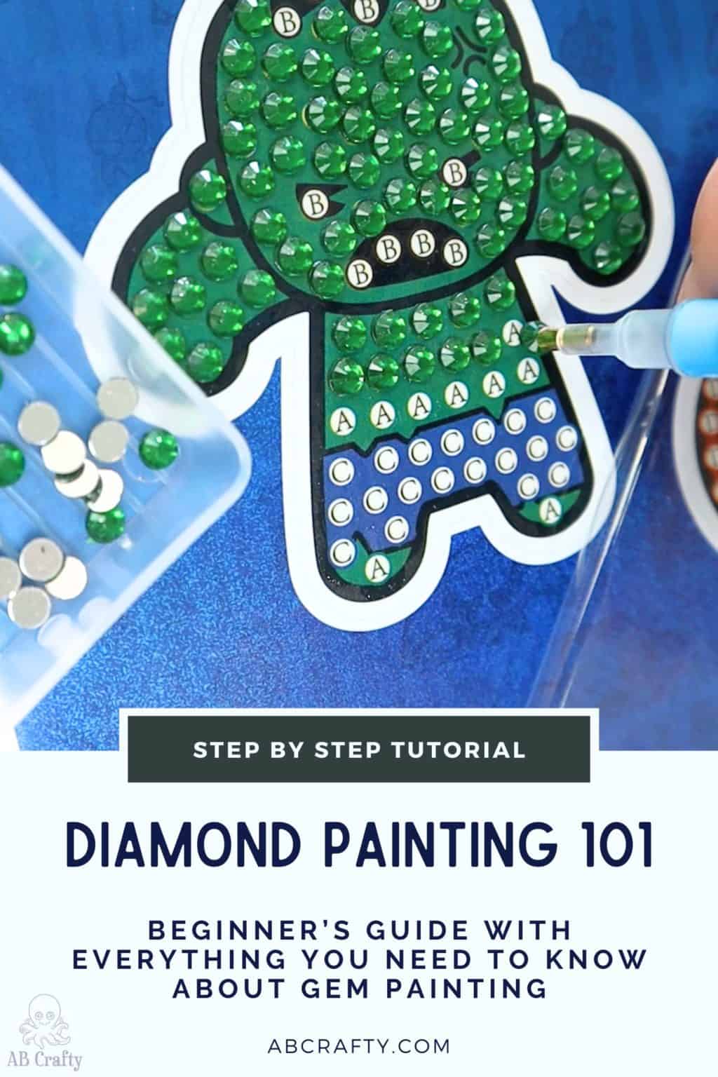 adding a green diamond to a hulk diamond painting sticker kit with the title 'step by step tutorial - diamond painting 101, abcrafty.com'