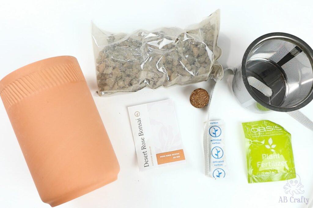 materials laid out from the modern sprout terra cotta bonsai kit