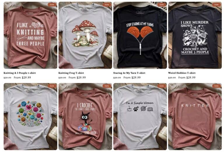 screenshot of 8 shirts from YarnMerch that are about crafting, crochet, and knitting. Some are funny and others are artsy
