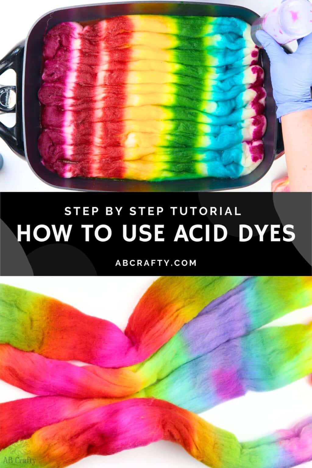 top image shows wool snaked in an electric skillet with stripes of dye in a rainbow pattern. bottom image shows completely dyed rainbow wool in neon colors. the text reads 'step by step tutorial, how to use acid dyes, abcrafty.com"