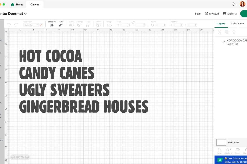 cricut design space showing the design for the doormat stencil