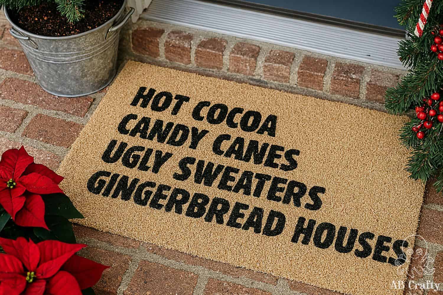 christmas doormat with the words "hot cocoa, candy canes, ugly sweaters, gingerbread houses" in front of a door outside