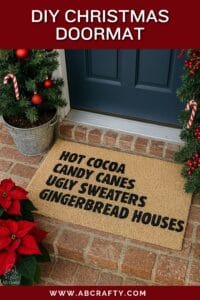 custom doormat with the words "hot cocoa, candy canes, ugly sweaters, gingerbread houses" in front of a door outside. title reads "diy christmas doormat"
