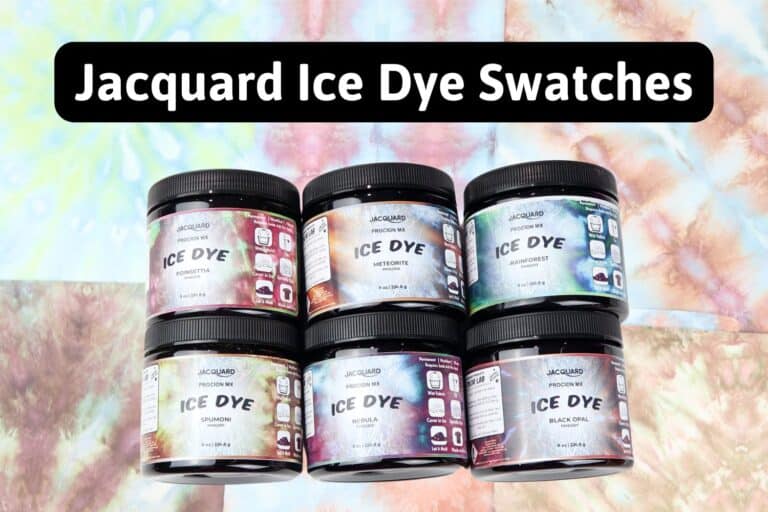 all six containers of jacquard ice dyes with a background of dyed tote bags with the title "jacquard ice dye swatches"